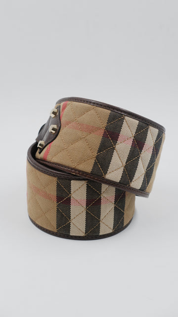 Beige Haymarket Check Coated Canvas Buckle Belt